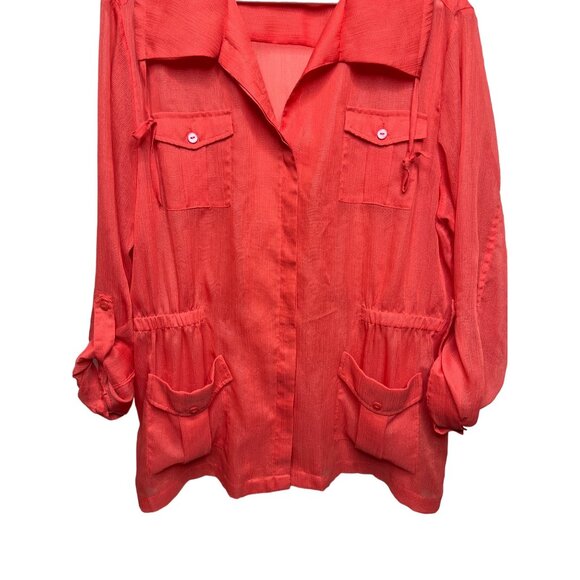 Chicos Sheer Utility Jacket Large Orange Lightweight Button Up - Picture 3 of 12